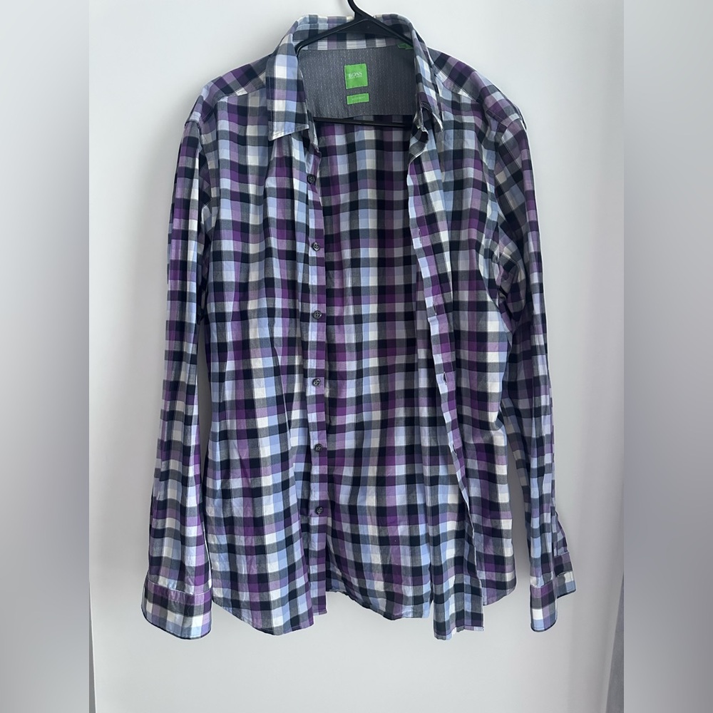 Boss Purple, Black and White Plaid Button-Down Shirt